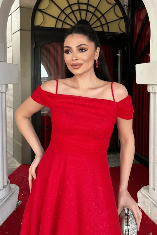 Glitter Tulle Fabric Midi Dress - RED - 3