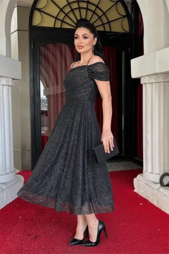 Glitter Tulle Fabric Midi Dress - SILVER - BÜYÜKBEDENIZ (1)