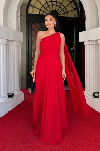 Glitter Tulle Fabric Pleated Detailed Evening Dress - RED - 1