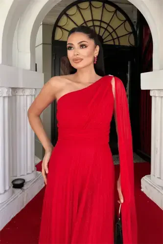 Glitter Tulle Fabric Pleated Detailed Evening Dress - RED - 3