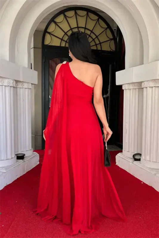 Glitter Tulle Fabric Pleated Detailed Evening Dress - RED - 5