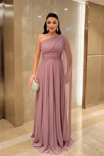 Glitter Tulle Fabric Pleated Detailed Evening Dress - ROSE - 1