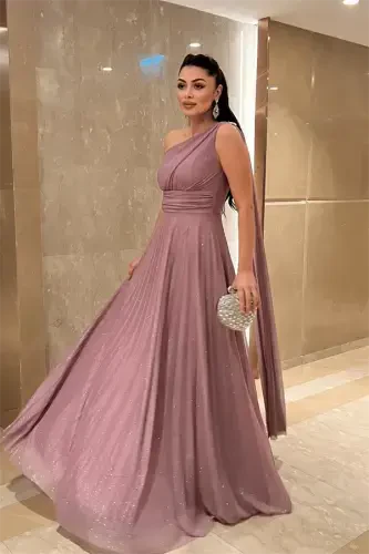 Glitter Tulle Fabric Pleated Detailed Evening Dress - ROSE - BÜYÜKBEDENIZ (1)