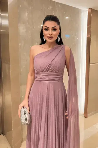 Glitter Tulle Fabric Pleated Detailed Evening Dress - ROSE - 4