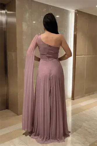 Glitter Tulle Fabric Pleated Detailed Evening Dress - ROSE - 5