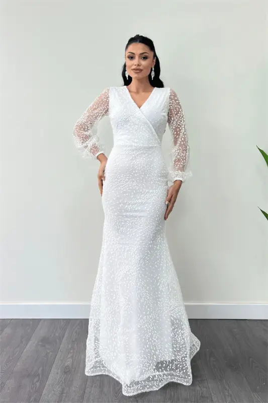 Glitter Tulle Fabric Wrap V-Neck Mermaid Dress - WHITE - BÜYÜKBEDENIZ