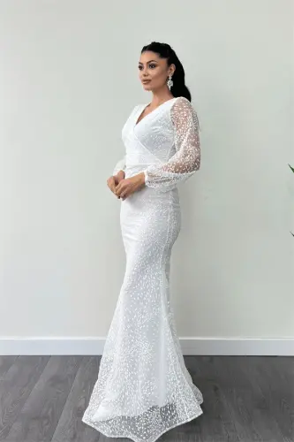 Glitter Tulle Fabric Wrap V-Neck Mermaid Dress - WHITE - BÜYÜKBEDENIZ (1)