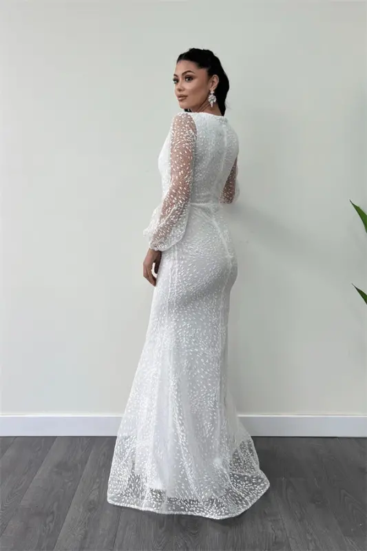 Glitter Tulle Fabric Wrap V-Neck Mermaid Dress - WHITE - 8