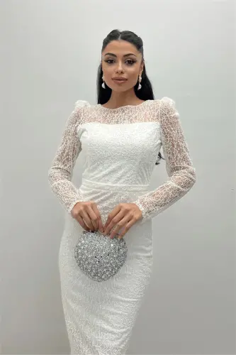 Glitter Tulle Round Neck Pencil Dress - WHITE - BÜYÜKBEDENIZ (1)