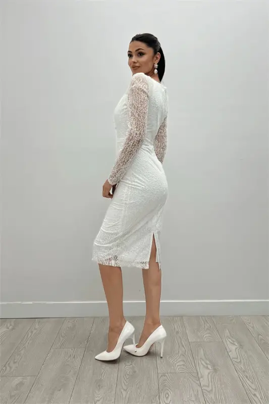 Glitter Tulle Round Neck Pencil Dress - WHITE - 4