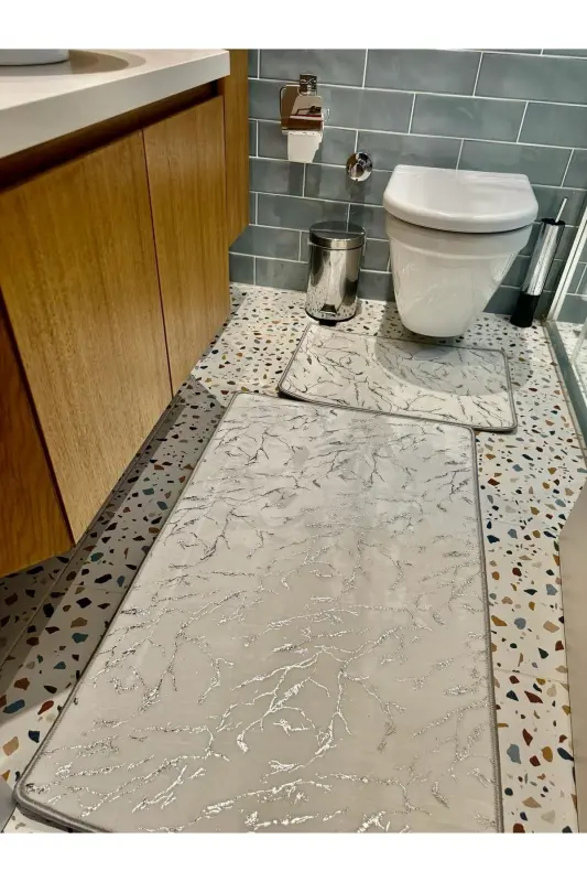 Glittery Bamboo Non-Slip Leather Bottom Dust Stain Resistant 2-Piece Set Toilet Bathroom Rug Set - 4