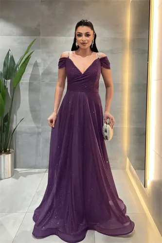 Glittery Fabric Boat Neck Evening Dress - EGGPLANT PURPLE - 1