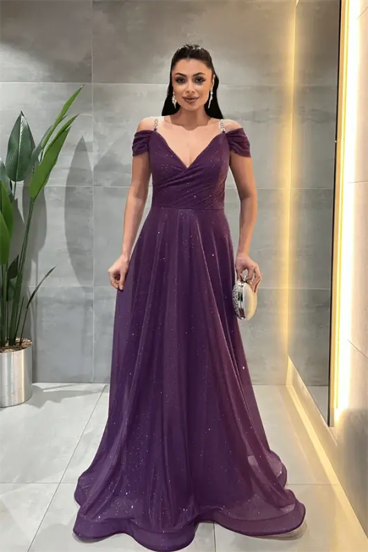 Glittery Fabric Boat Neck Evening Dress - EGGPLANT PURPLE - BÜYÜKBEDENIZ