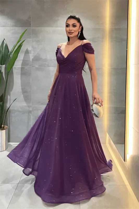 Glittery Fabric Boat Neck Evening Dress - EGGPLANT PURPLE - 2