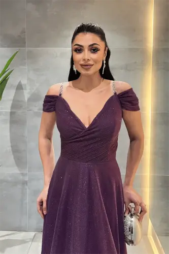 Glittery Fabric Boat Neck Evening Dress - EGGPLANT PURPLE - 3