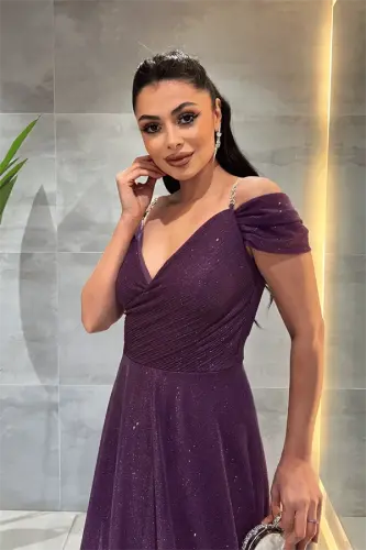 Glittery Fabric Boat Neck Evening Dress - EGGPLANT PURPLE - 4