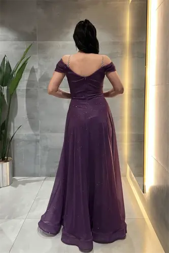 Glittery Fabric Boat Neck Evening Dress - EGGPLANT PURPLE - 5