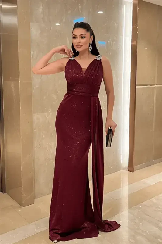 Glittery Fabric Stone Detailed Evening Dress - BURGUNDY - BÜYÜKBEDENIZ