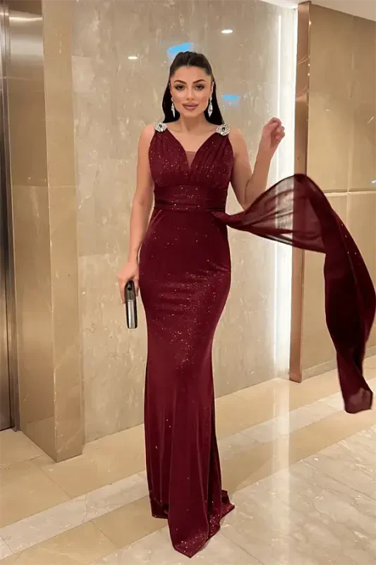 Glittery Fabric Stone Detailed Evening Dress - BURGUNDY - 2