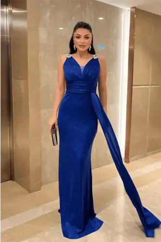 Glittery Fabric Stone Detailed Evening Dress - SAX BLUE - BÜYÜKBEDENIZ (1)