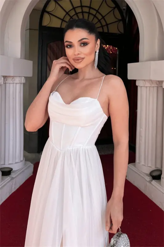 Glittery Tulle Fabric Back Tie Evening Dress - WHITE - 3