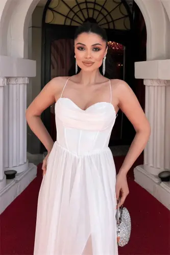 Glittery Tulle Fabric Back Tie Evening Dress - WHITE - 4