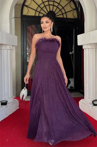 Glittery Tulle Fabric Feather Trimmed Collar Pleated Detailed Evening Dress - EGGPLANT PURPLE - 1