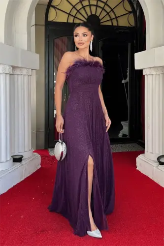 Glittery Tulle Fabric Feather Trimmed Collar Pleated Detailed Evening Dress - EGGPLANT PURPLE - 2