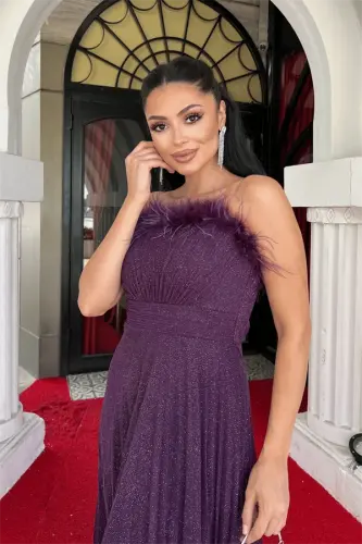 Glittery Tulle Fabric Feather Trimmed Collar Pleated Detailed Evening Dress - EGGPLANT PURPLE - 3