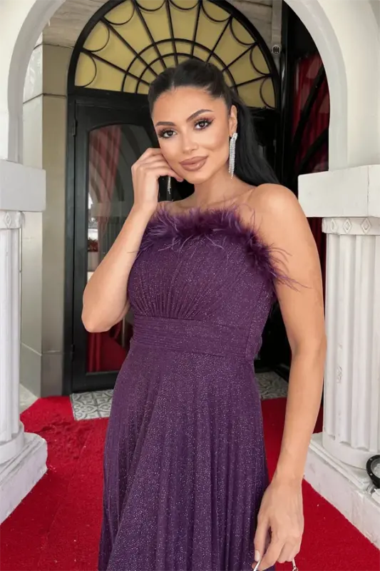 Glittery Tulle Fabric Feather Trimmed Collar Pleated Detailed Evening Dress - EGGPLANT PURPLE - 3