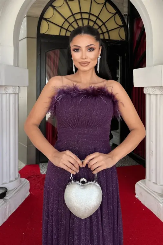 Glittery Tulle Fabric Feather Trimmed Collar Pleated Detailed Evening Dress - EGGPLANT PURPLE - 4