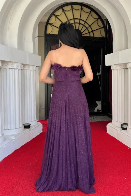 Glittery Tulle Fabric Feather Trimmed Collar Pleated Detailed Evening Dress - EGGPLANT PURPLE - 5