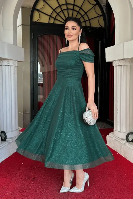 Glittery Tulle Fabric Midi Dress - EMERALD GREEN - 2