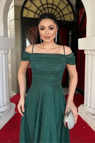 Glittery Tulle Fabric Midi Dress - EMERALD GREEN - 4