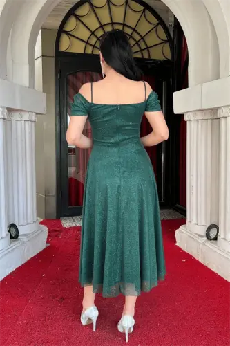 Glittery Tulle Fabric Midi Dress - EMERALD GREEN - 5