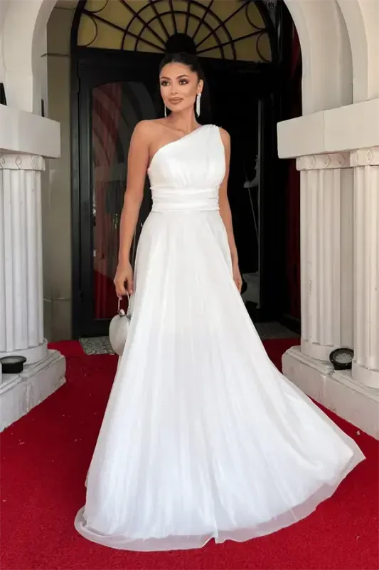 Glittery Tulle Fabric Pleated Detailed Evening Dress - WHITE - 2