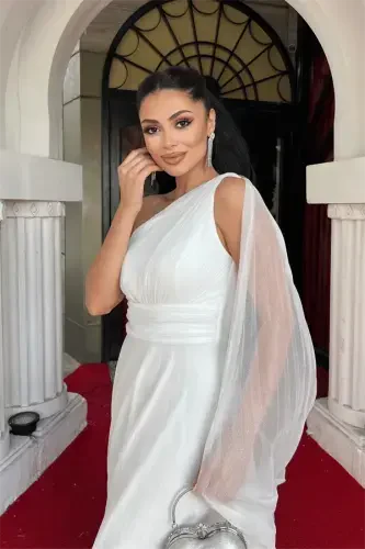 Glittery Tulle Fabric Pleated Detailed Evening Dress - WHITE - 3