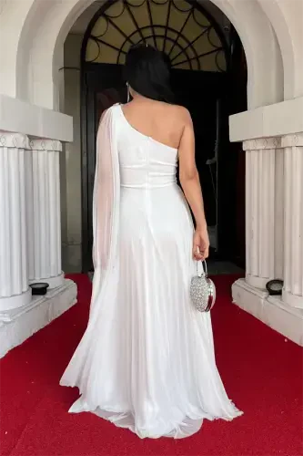 Glittery Tulle Fabric Pleated Detailed Evening Dress - WHITE - 5