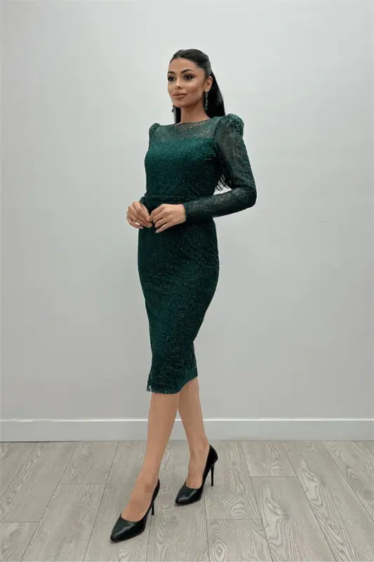 Glittery Tulle Fabric Round Neck Pencil Dress - EMERALD GREEN - 9