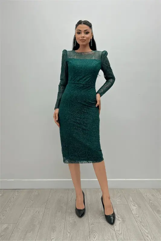 Glittery Tulle Fabric Round Neck Pencil Dress - EMERALD GREEN - BÜYÜKBEDENIZ