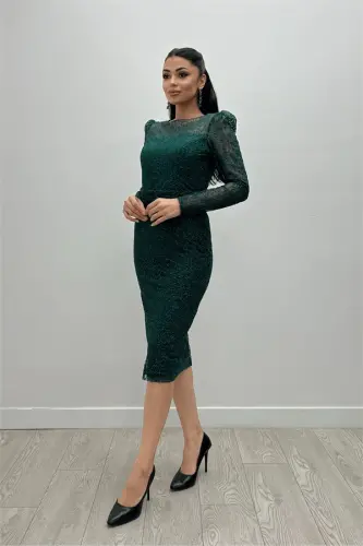 Glittery Tulle Fabric Round Neck Pencil Dress - EMERALD GREEN - 2