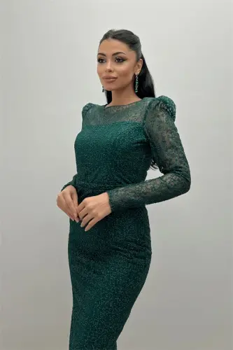 Glittery Tulle Fabric Round Neck Pencil Dress - EMERALD GREEN - 3