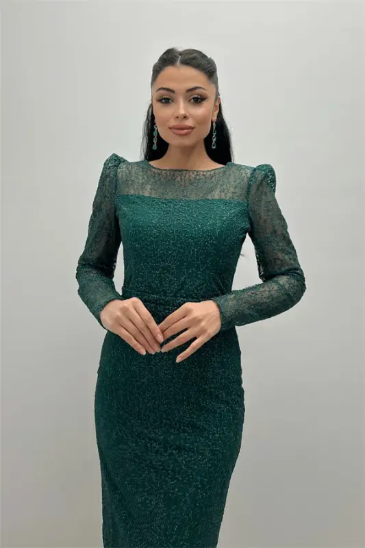 Glittery Tulle Fabric Round Neck Pencil Dress - EMERALD GREEN - 7