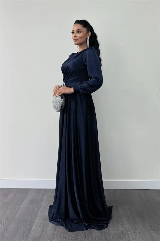Glittery Tulle Fabric Ruched Detailed Evening Dress - NAVY BLUE - 2