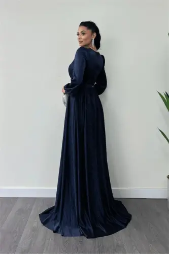 Glittery Tulle Fabric Ruched Detailed Evening Dress - NAVY BLUE - 5