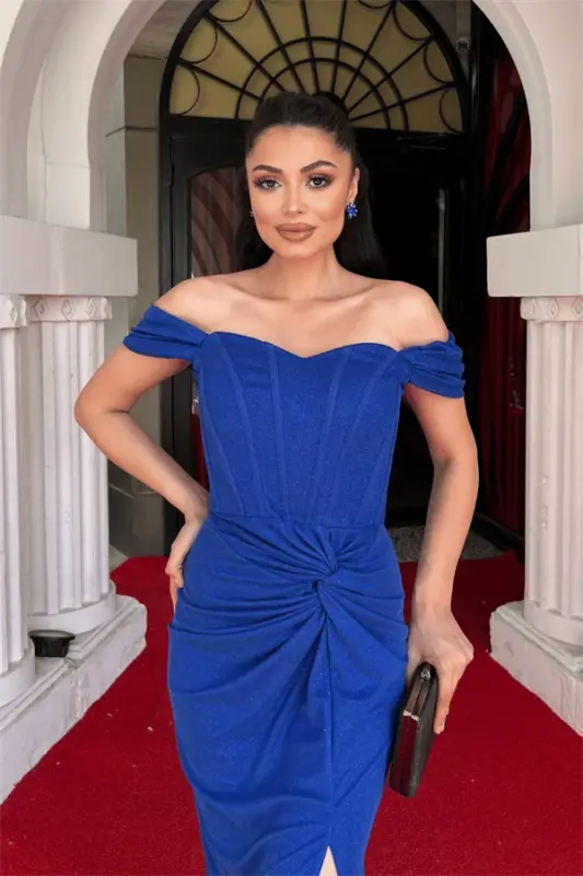 Glittery Tulle Fabric Ruched Detailed Evening Dress - SAXE BLUE - 3