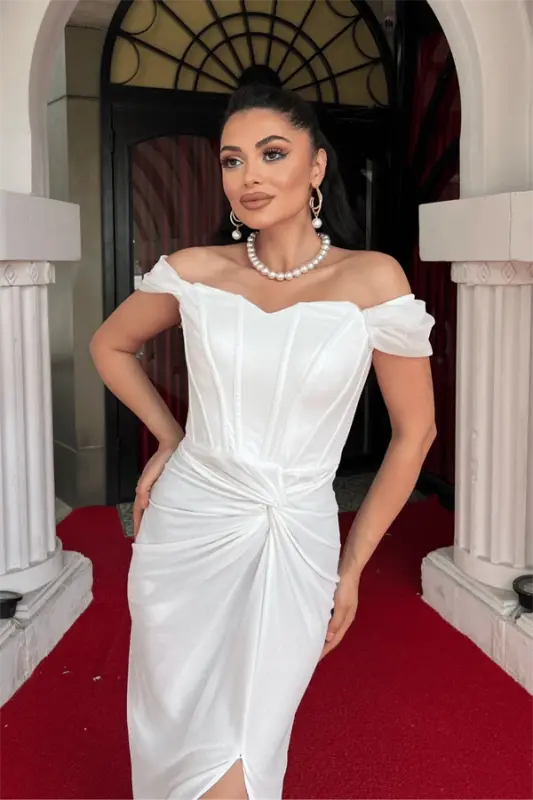 Glittery Tulle Fabric Ruched Detailed Evening Dress - WHITE - 3