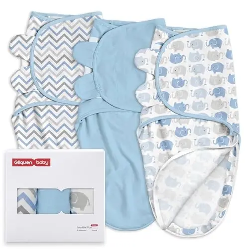 GLLQUEN BABY Swaddles for Newborns with Zipper Smooth & Gentle Wear, Baby Boy Swaddles 0-3 Months, Reduce Startle Reflex Womb-Like Sleep Sack Wrap Blankets Chevron & Baby Blue Elephant 