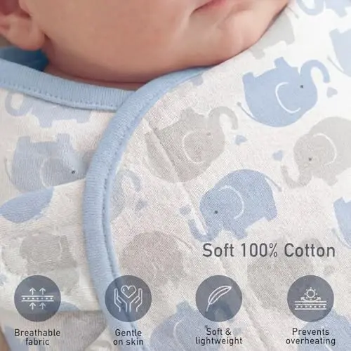 GLLQUEN BABY Swaddles for Newborns with Zipper Smooth & Gentle Wear, Baby Boy Swaddles 0-3 Months, Reduce Startle Reflex Womb-Like Sleep Sack Wrap Blankets Chevron & Baby Blue Elephant - 4