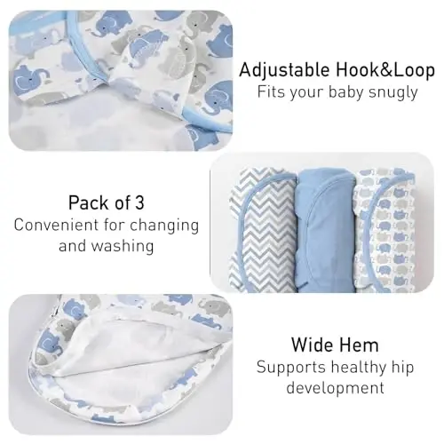GLLQUEN BABY Swaddles for Newborns with Zipper Smooth & Gentle Wear, Baby Boy Swaddles 0-3 Months, Reduce Startle Reflex Womb-Like Sleep Sack Wrap Blankets Chevron & Baby Blue Elephant - 6
